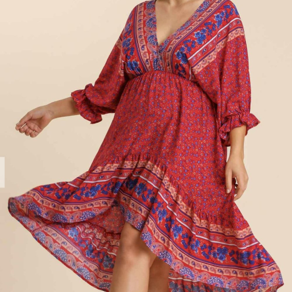 250.Women's Mixed Print V-Neck Midi Dress with Back Tie Details NWT - Picture 2 of 4